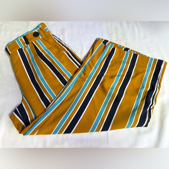 ZARA Mustard yellow and navy stripe elastic waist crop pants size L - Picture 9 of 13